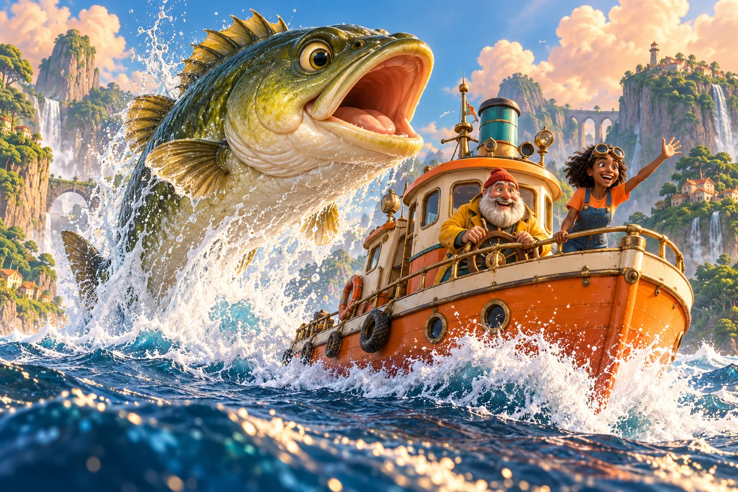 A giant smiling bass leaps beside Rufus and Tilly’s little orange ferry