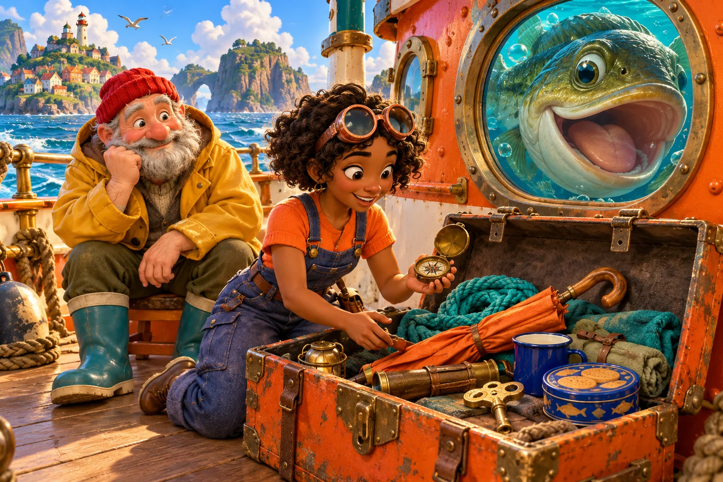 Tilly chooses odd objects from a trunk while a bass peers through a porthole