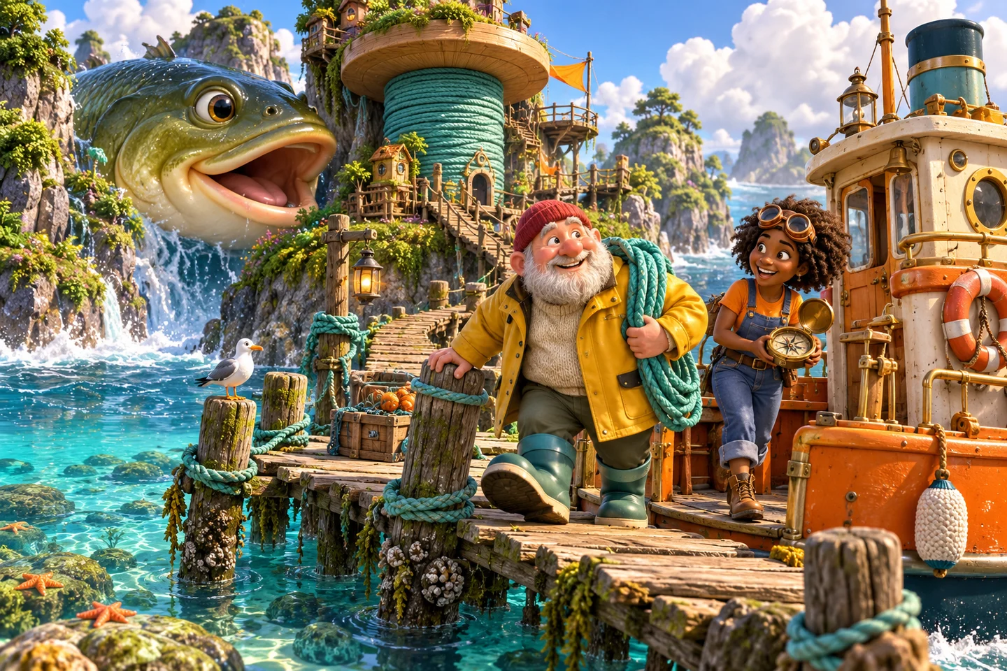Rufus carries rope onto the dock at a giant cotton-reel island