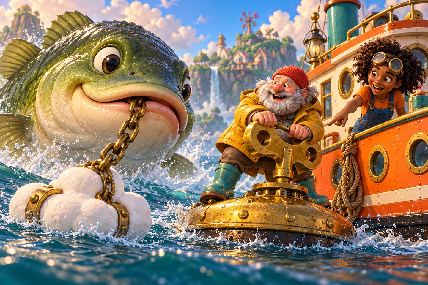 Rufus winds a huge brass key beside a bass holding a cloud-shaped anchor