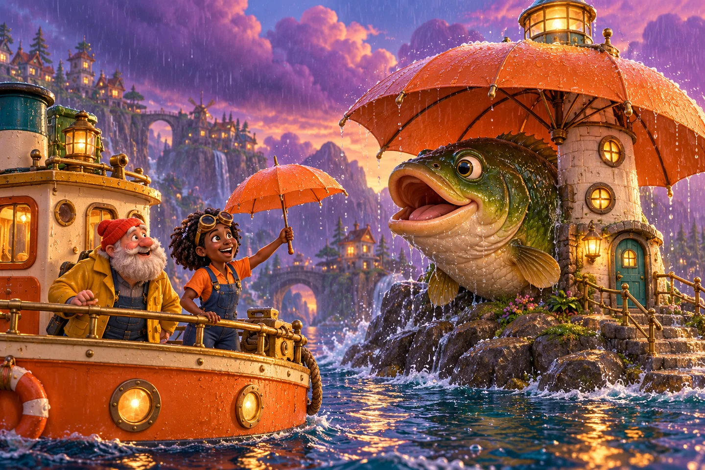 Tilly and a giant bass shelter near a lighthouse with an umbrella roof