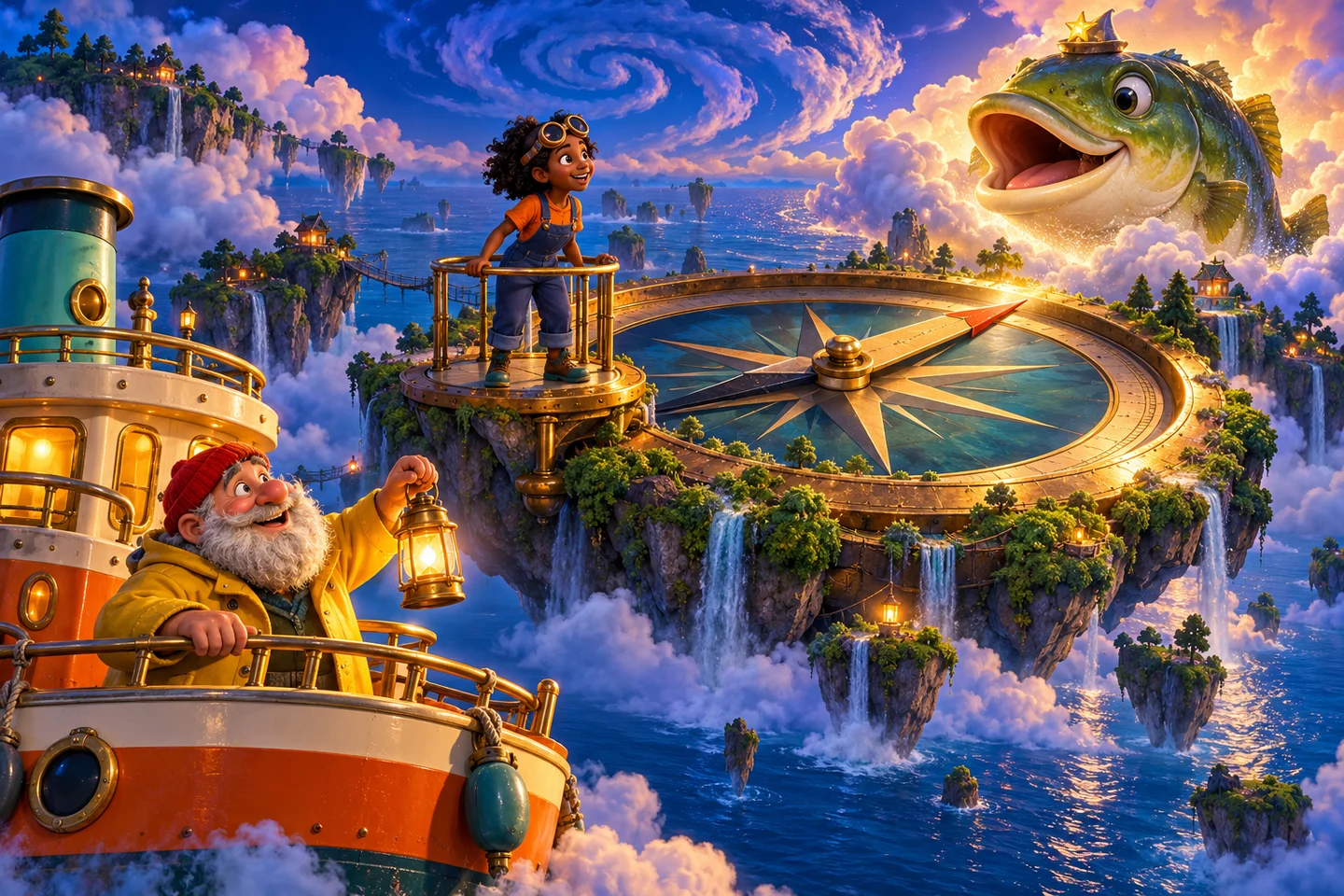 Tilly explores a floating compass island beside a bass wearing a star