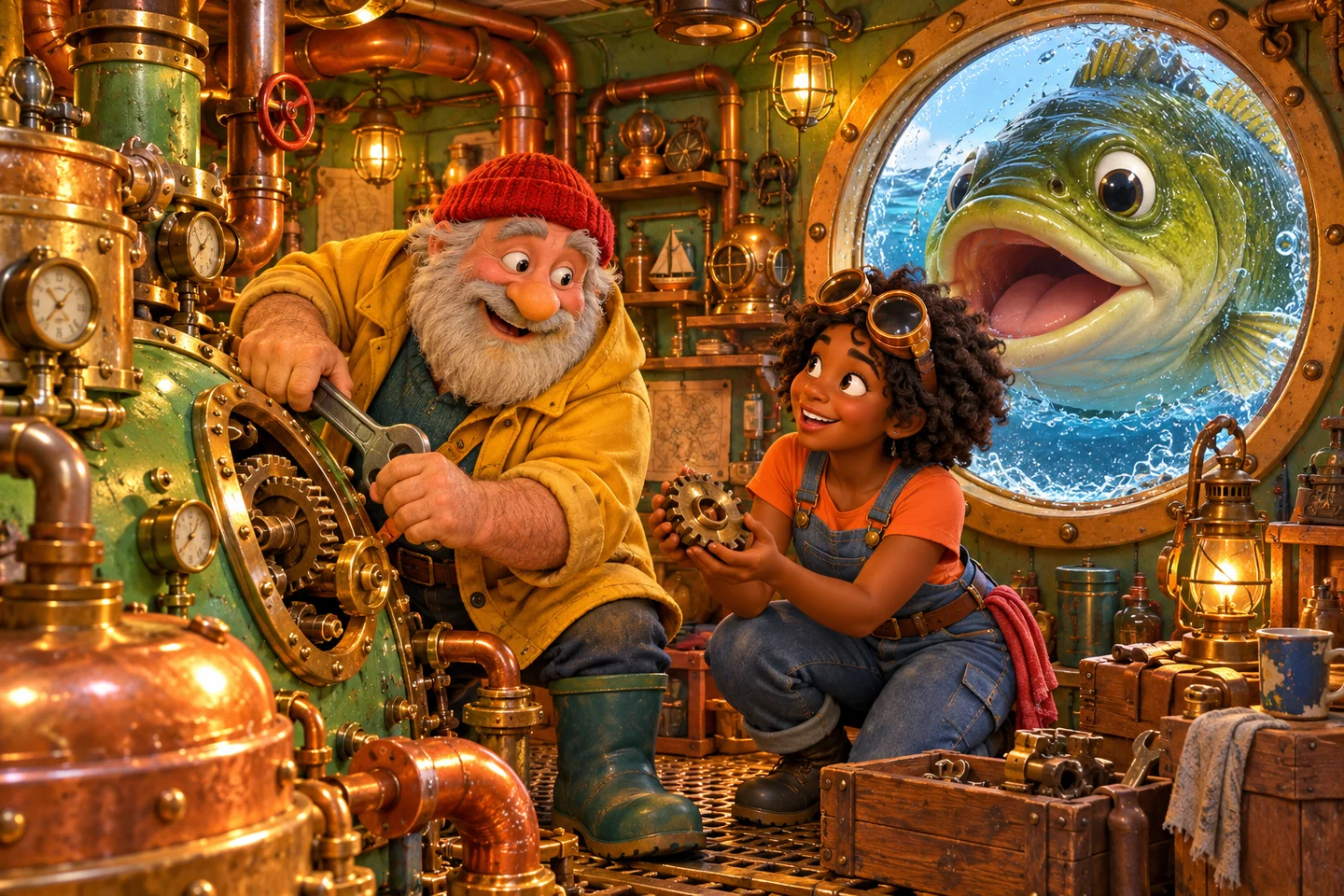 Rufus and Tilly work on the ferry’s brass engine while a bass watches