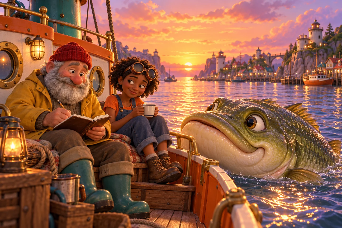 The crew share a quiet sunset with their enormous fish neighbour
