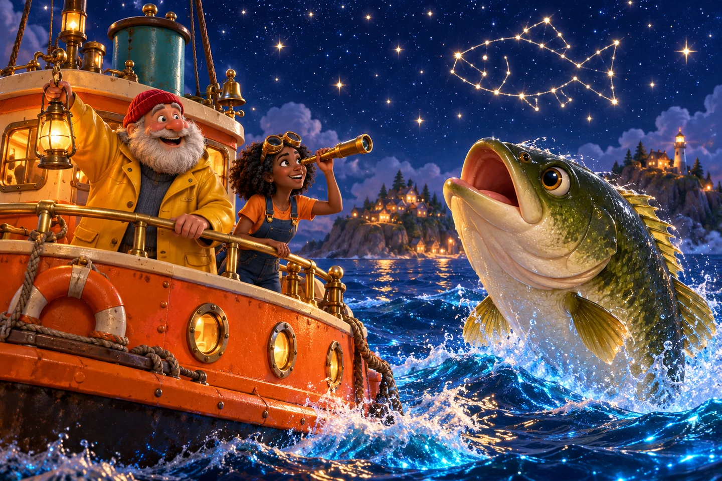 Tilly follows a fish-shaped constellation above a moonlit bass