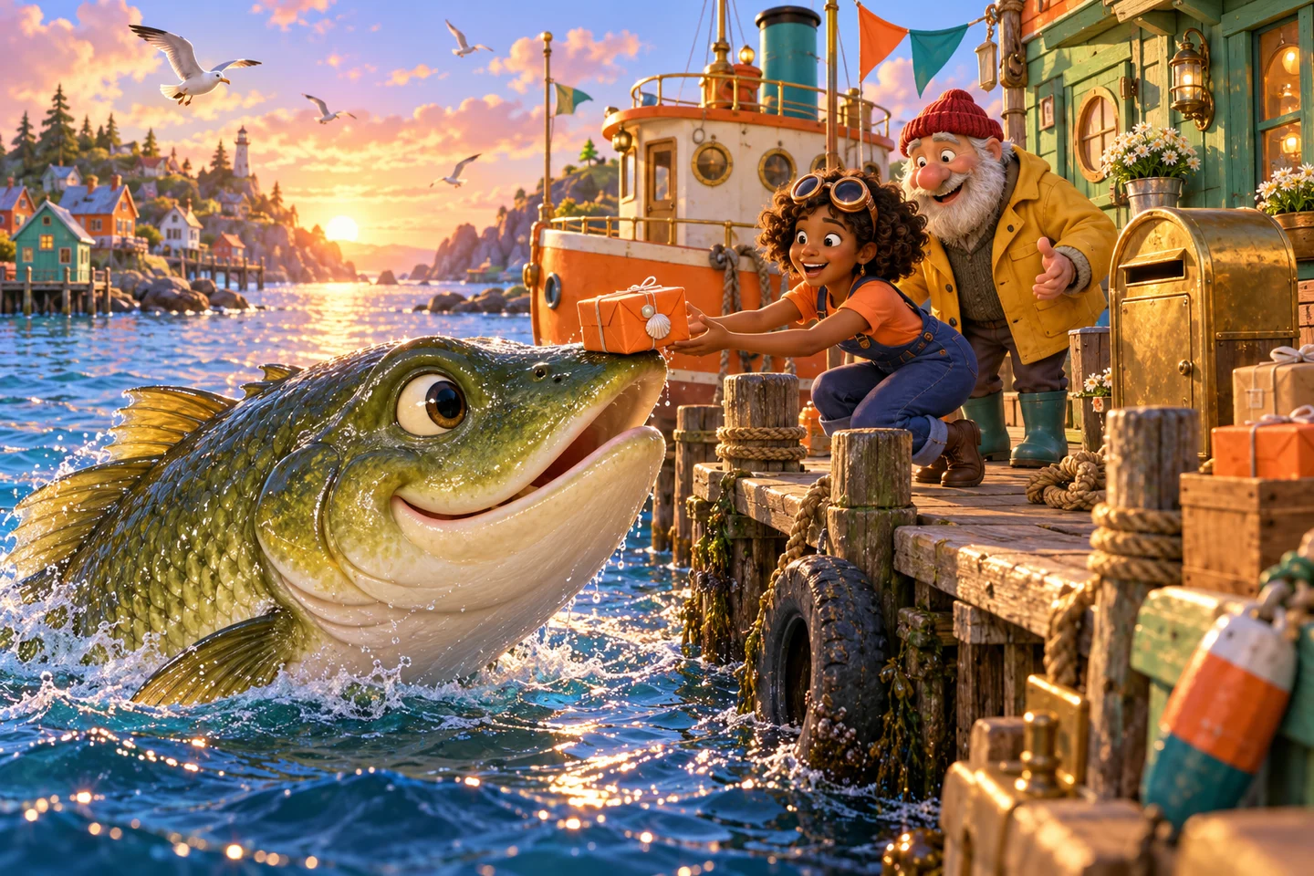 A giant bass delivers an orange parcel to the shore-office pier